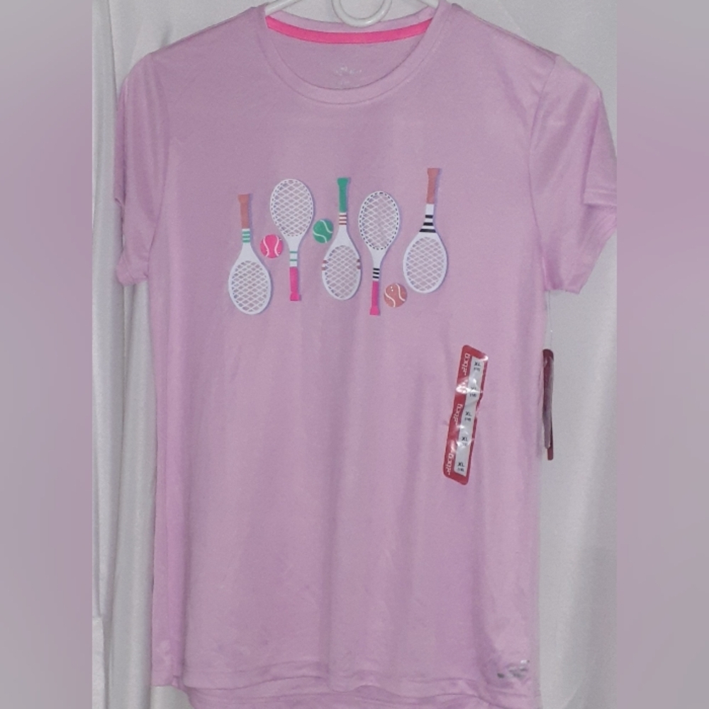 This item is a BCG brand pink graphic t-shirt featuring a tennis racket and ball